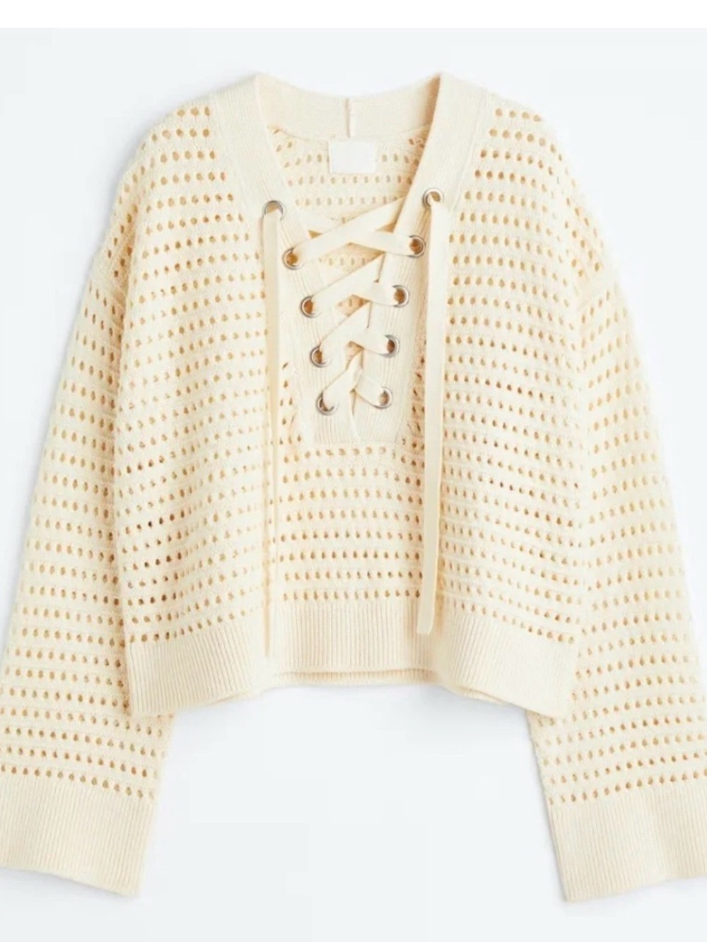 H&M Lace-Up Open-Knit V-Neck Sweater in Cream